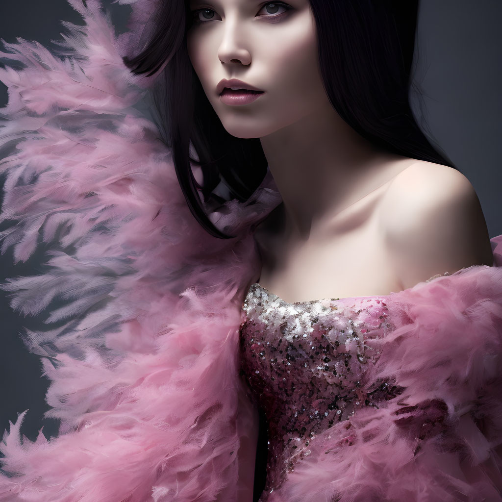 Dark-haired woman in sparkly dress and pink boa on grey background