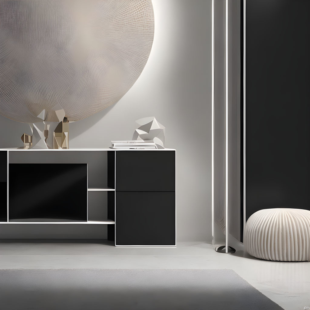 Modern Room with Black-and-White Cabinet, Geometric Sculptures, Round Ottoman, and Gold Circular