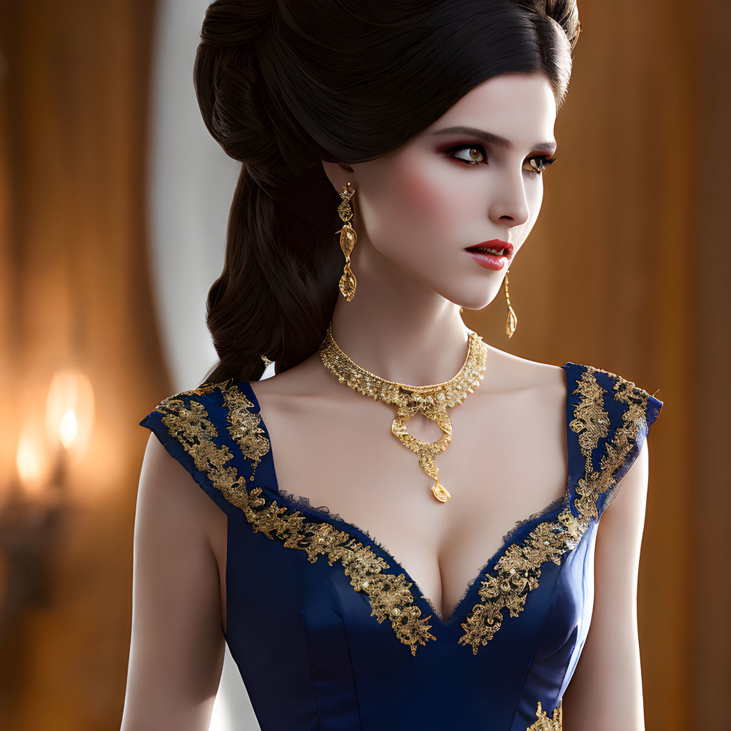 Elegant woman with elaborate updo hairstyle in blue dress and gold jewelry
