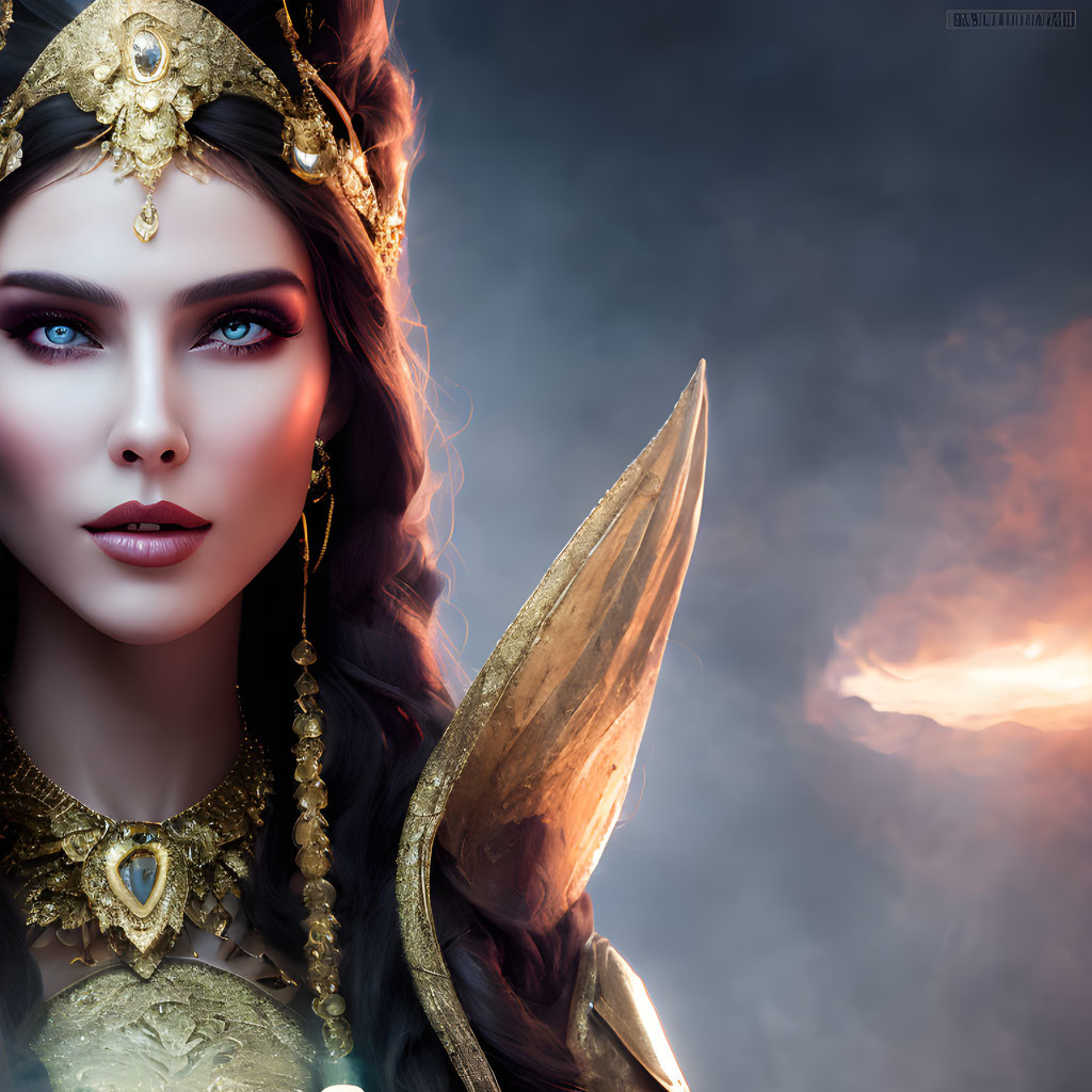 Portrait of woman with blue eyes in golden armor and spear on smoky background