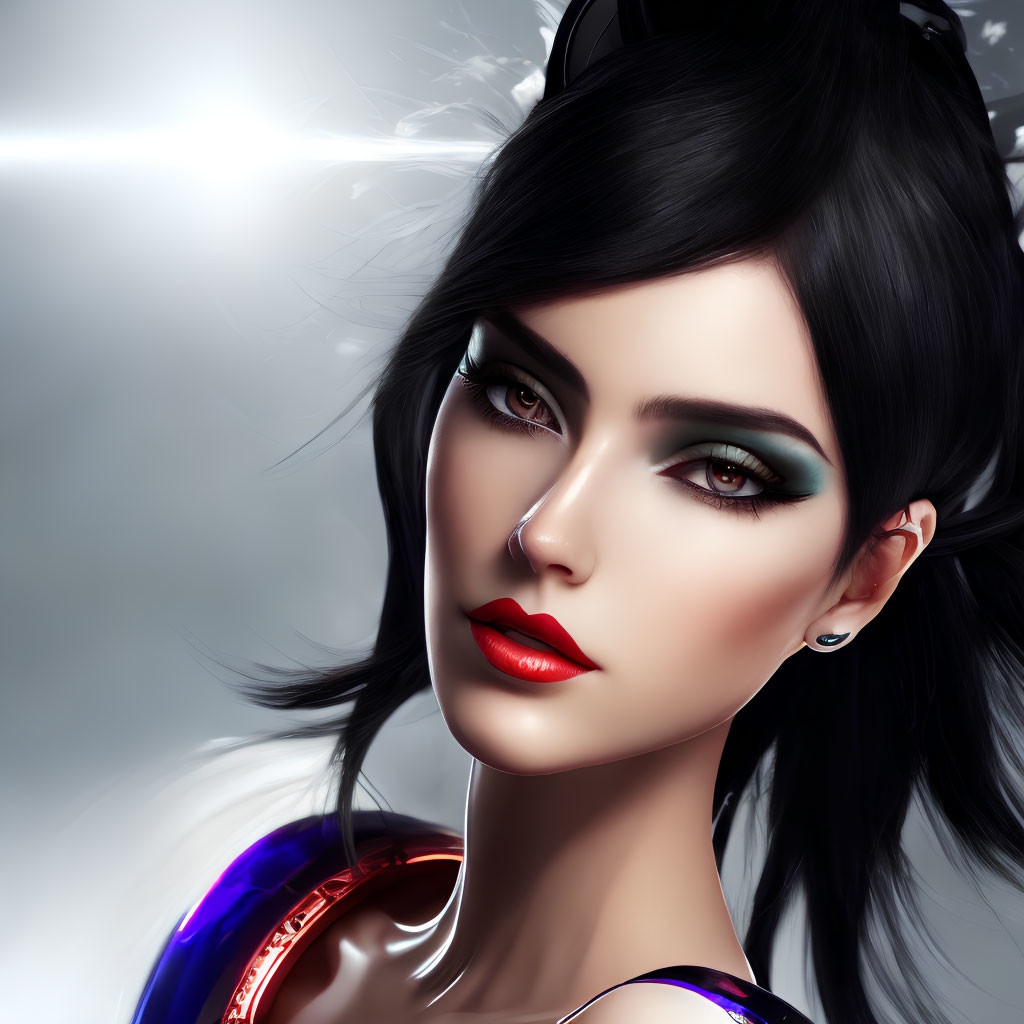 Striking digital portrait of a woman with green eyes and red lipstick