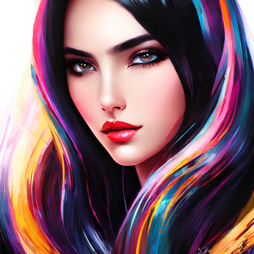 Colorful digital art portrait of woman with multicolored hair, blue eyes, and red lips