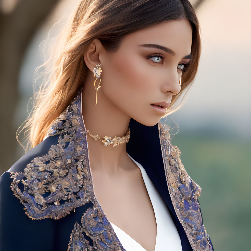 Side profile of woman in white top, navy blue jacket, gold jewelry, styled hair