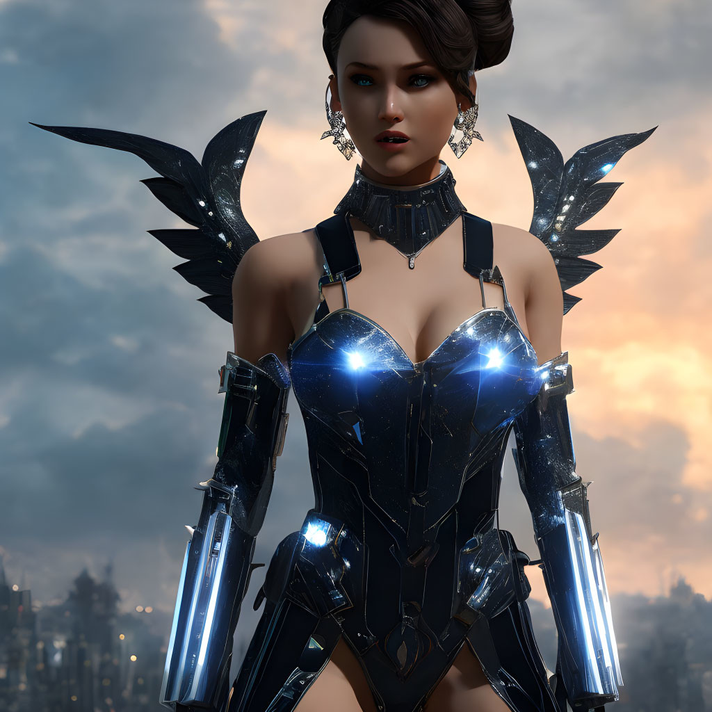 Digital artwork: Female character with angelic mechanical wings in futuristic armor on dusky sky background