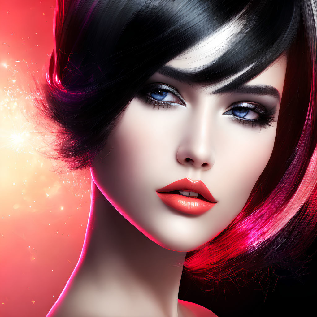 Stylized woman with black hair, blue eyes, and red lipstick on cosmic background