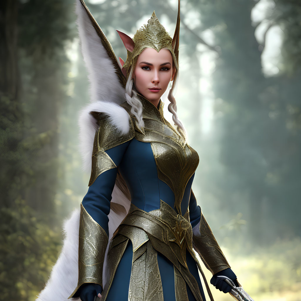 Female Elf Warrior in Blue and Gold Armor in Misty Forest