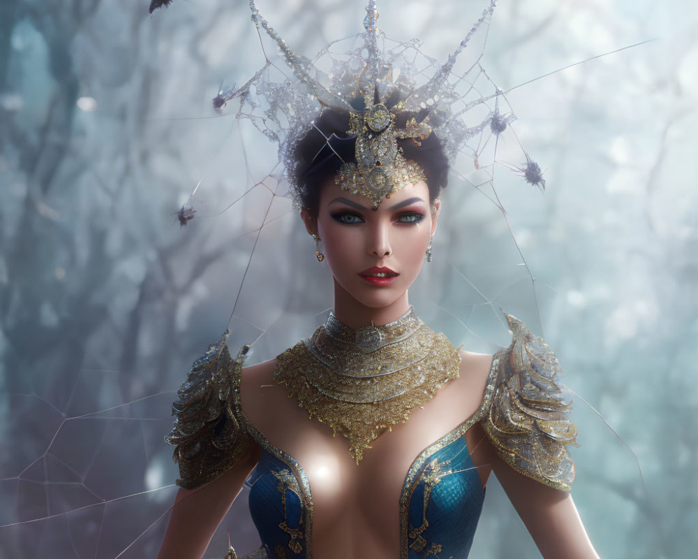Fantasy figure in ornate crown and jeweled attire in misty forest