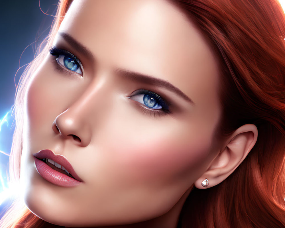 Stylized digital artwork: woman with blue eyes and red hair