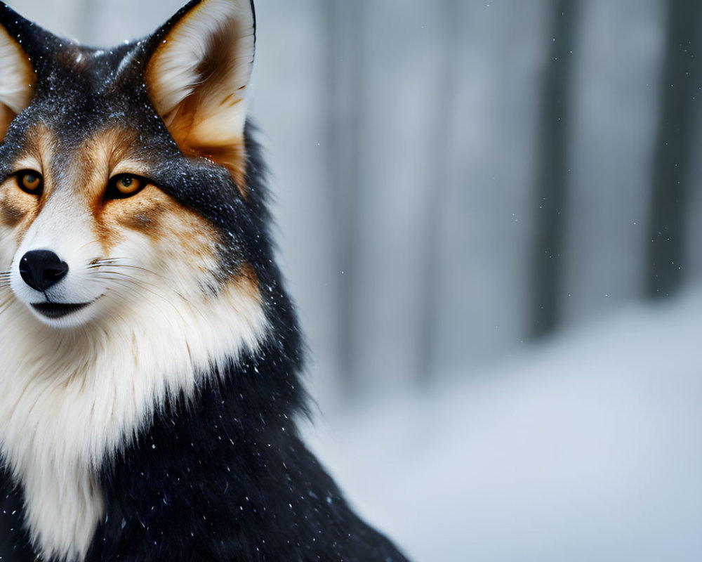 Photorealistic creature with fox head and human body in snowy forest scene