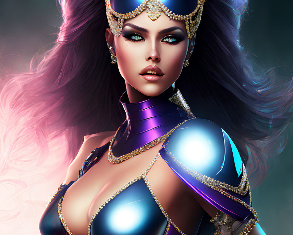 Digital artwork of woman with blue eyes, jeweled crown, and intricate armor