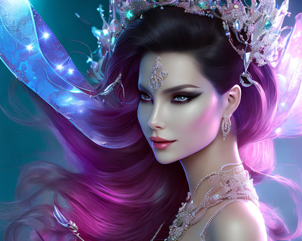 Fantasy digital art: Female character with purple hair, intricate crown, and magical elements