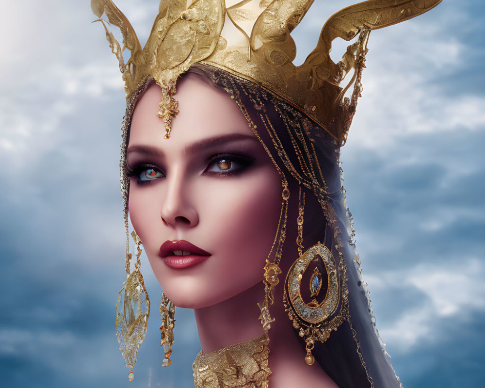 Regal woman with blue eyes and golden crown against cloudy sky