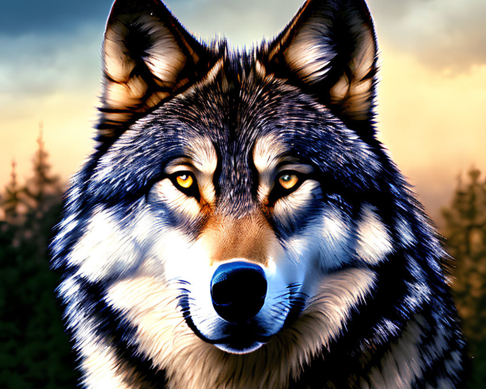 Detailed digital illustration: lifelike wolf with piercing eyes in twilight forest.