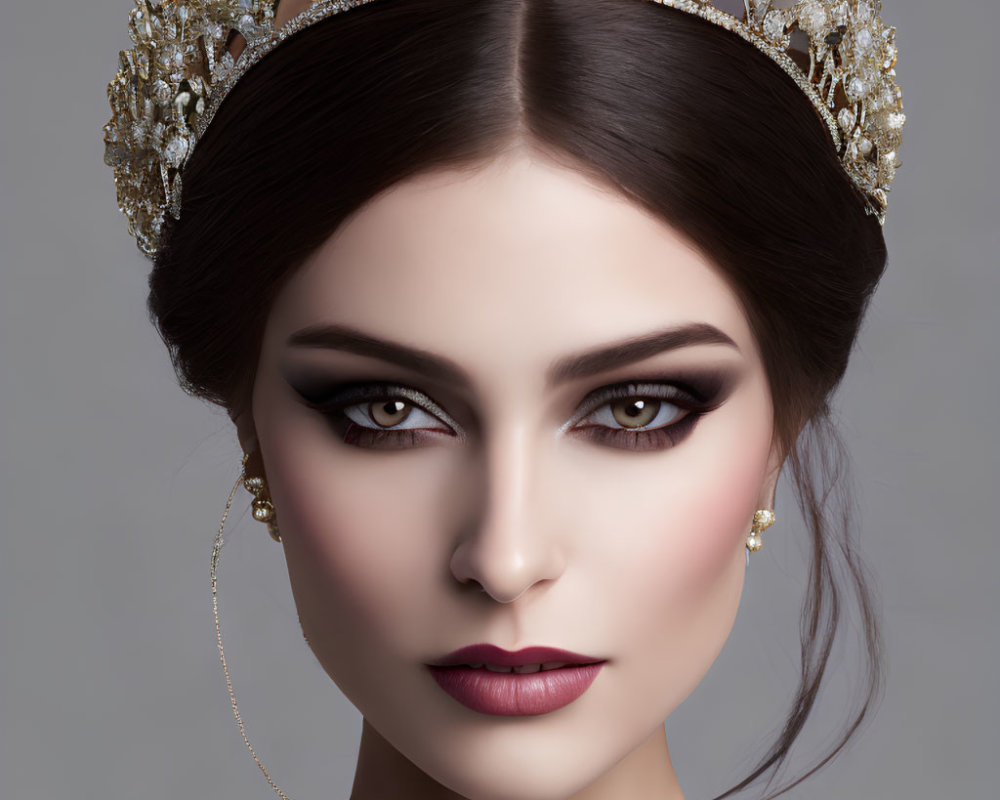Woman with dramatic makeup and jeweled crown in intense gaze.