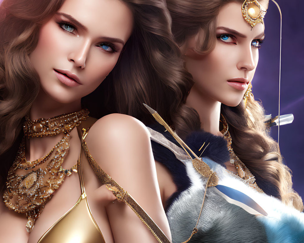 Fantasy female characters with gold jewelry and blue eyes, human and feline features