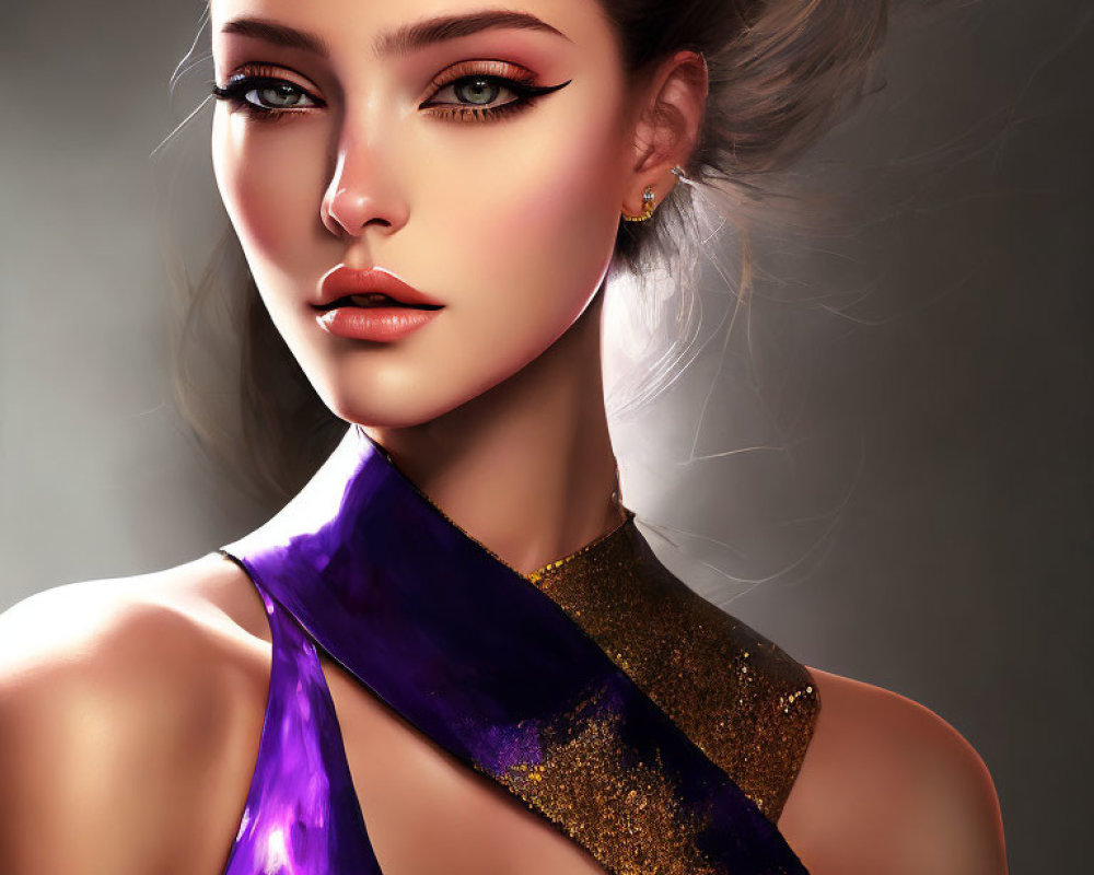 Stylized digital portrait of a woman with flowing hair and purple-gold scarf