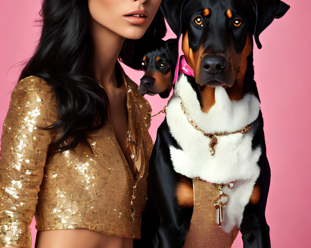 Woman with long dark hair and golden top posing with black and tan dogs on pink background