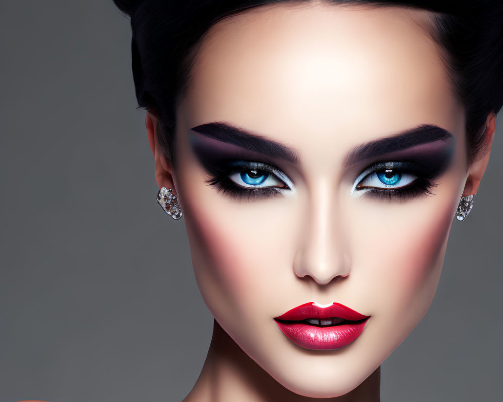 Close-up of woman with dramatic makeup: dark smokey eyeshadow, bold eyeliner, red