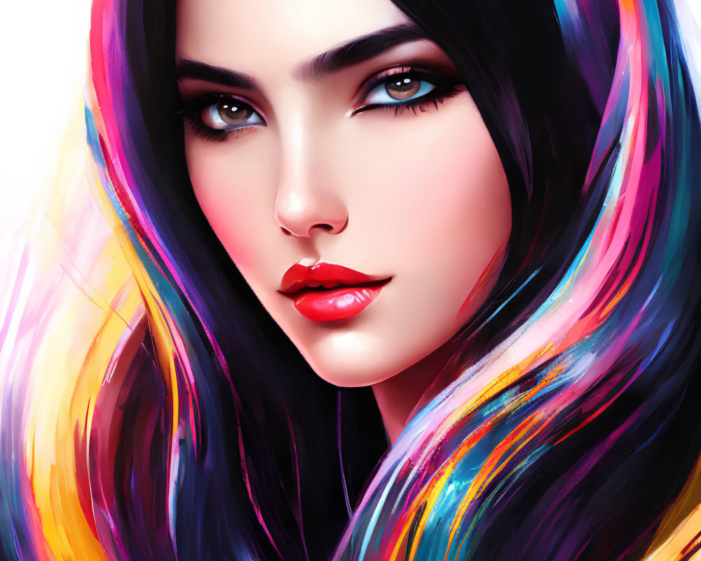 Colorful digital art portrait of woman with multicolored hair, blue eyes, and red lips