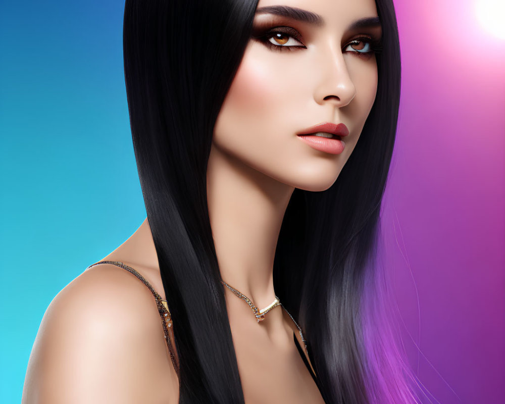 Woman with long black hair and smoky eyes on blue-pink gradient backdrop