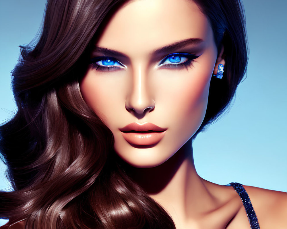 Digital artwork of woman with blue eyes, glossy lips, and brunette hair in sequin dress