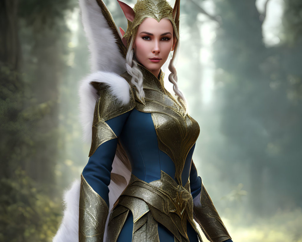 Female Elf Warrior in Blue and Gold Armor in Misty Forest