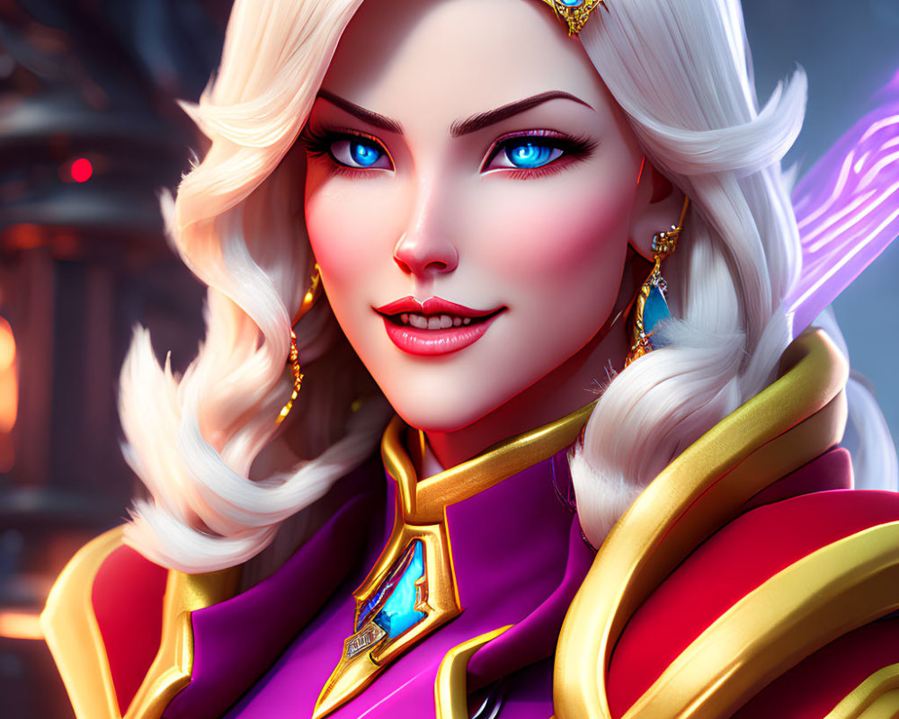 Fantasy character digital portrait with blue eyes, blonde hair, gold jewelry, red and purple outfit