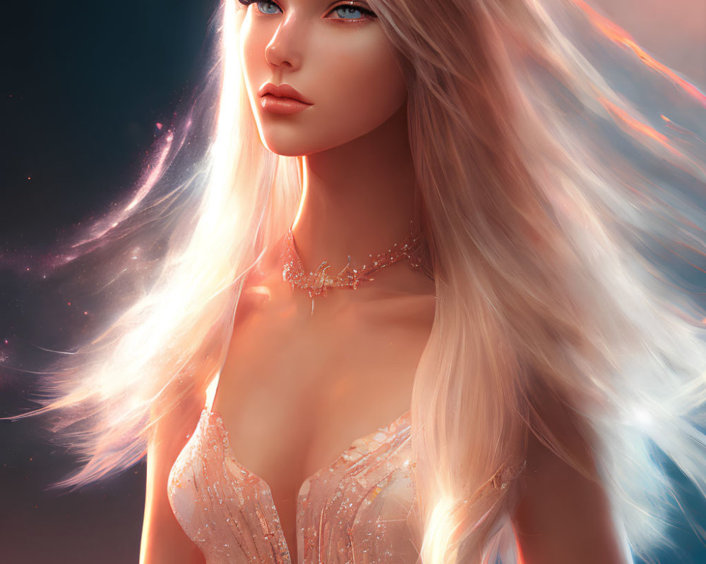 Ethereal woman illustration with flowing hair and sparkling necklace