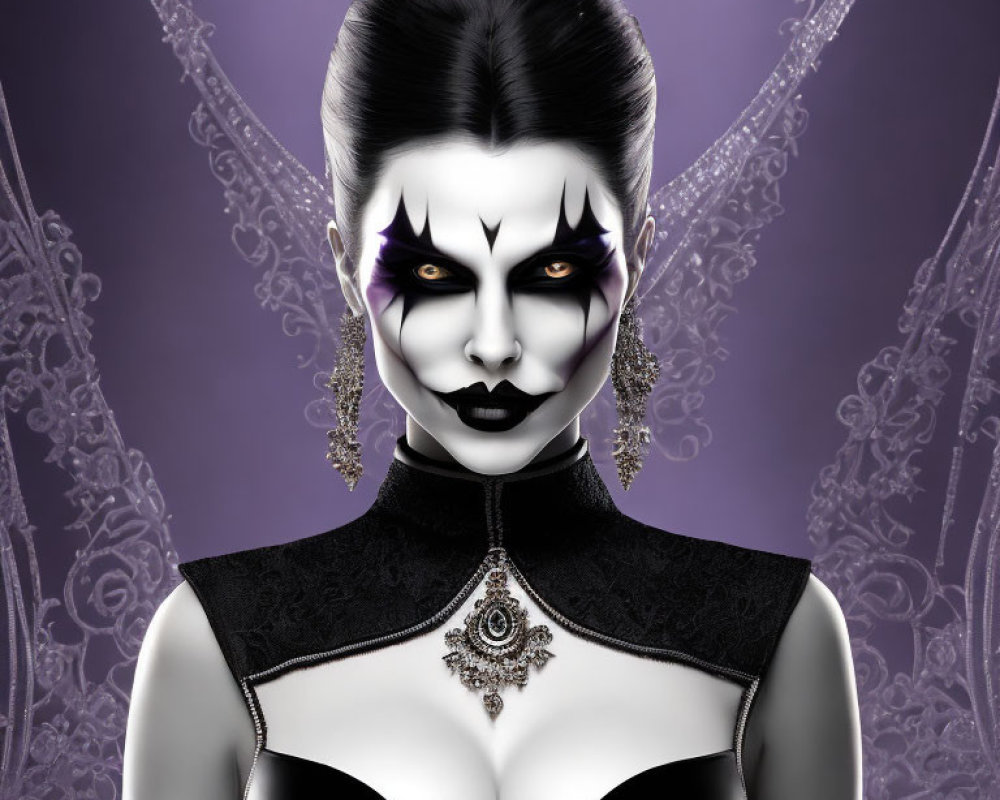 Gothic female character with white makeup, dark accents, black outfit on purple backdrop