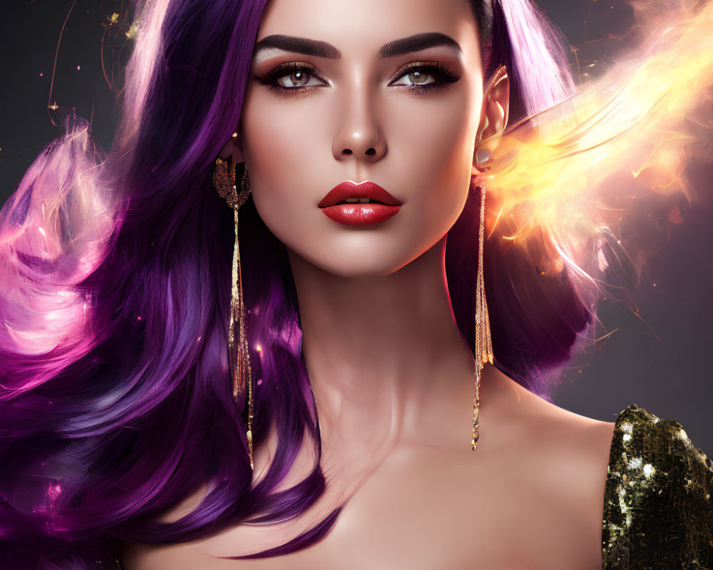 Vibrant Purple Hair Woman with Flames Digital Artwork
