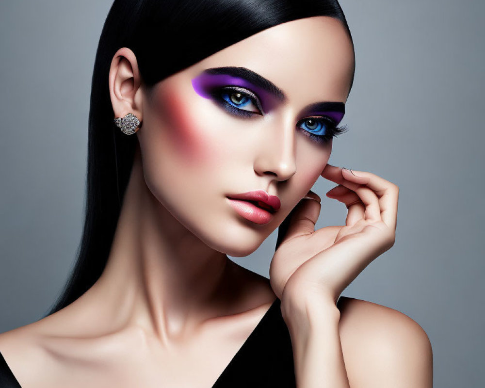 Woman with Vibrant Purple Eyeshadow and Pink Blush Makeup Look