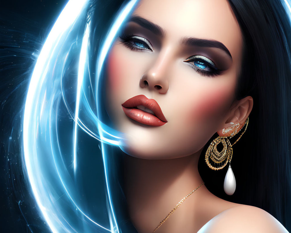 Digital portrait of woman with dark hair, smoky eye makeup, gold earrings, in blue glowing light