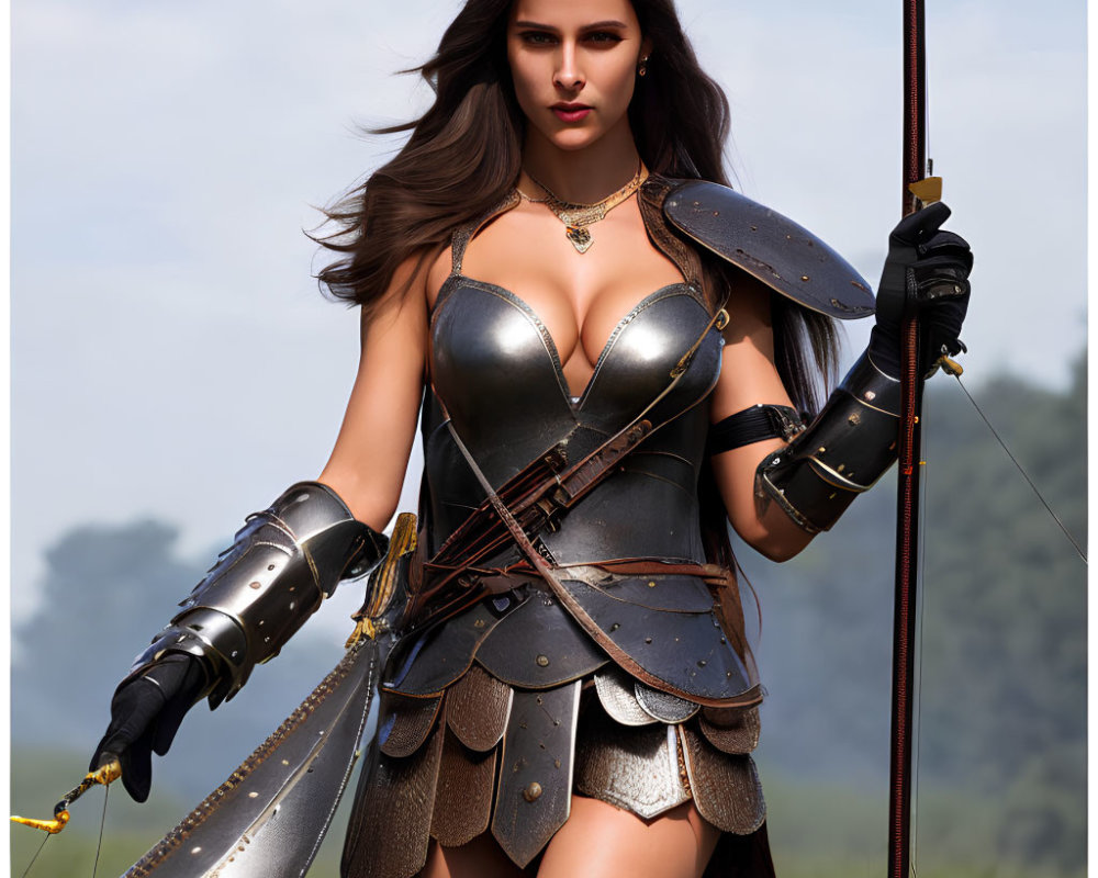 Female warrior in medieval armor with bow and arrow in grassy field