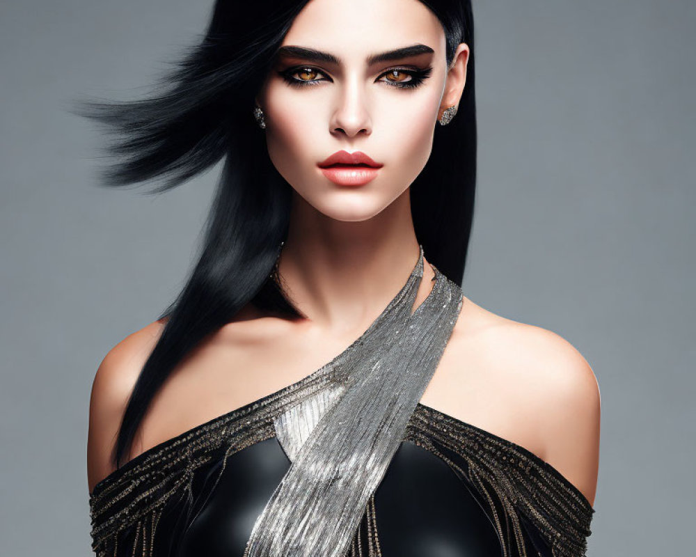 Sleek black hair and metallic strap dress on confident woman