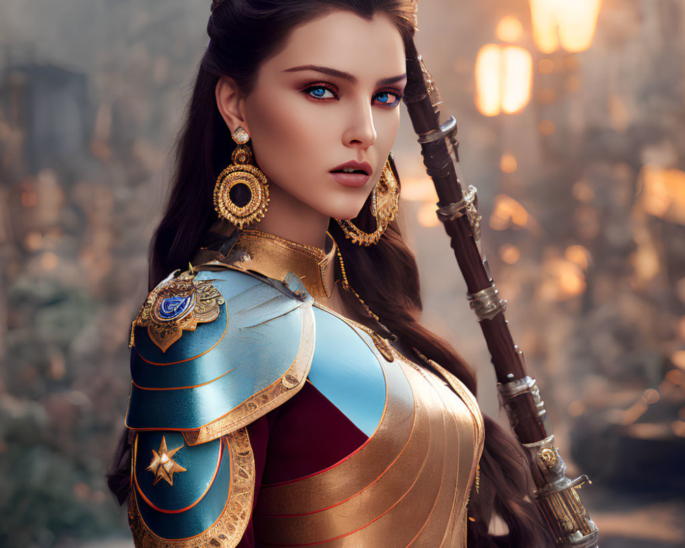 Regal woman with dark hair and blue eyes in golden crown and armor.