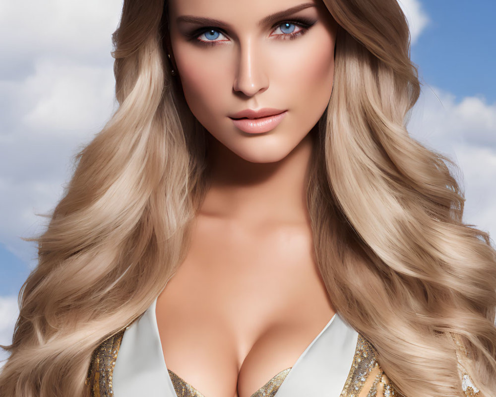 Blonde woman in gold and white outfit under blue sky