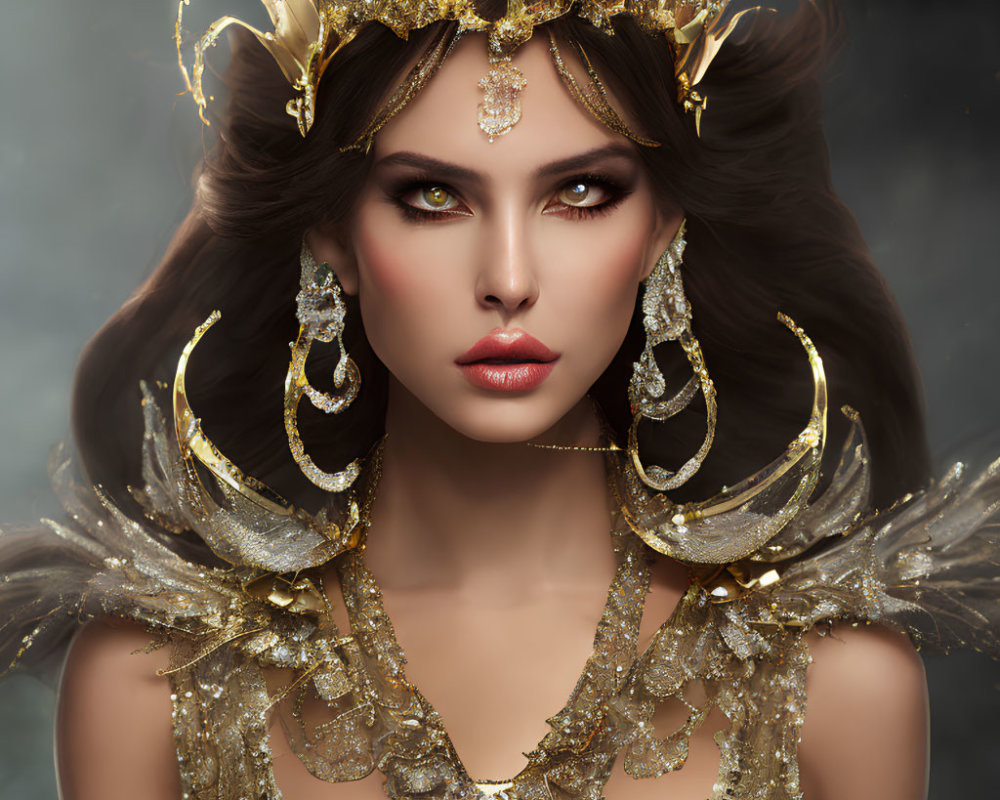 Dark-Haired Woman in Striking Makeup and Ornate Gold Jewelry