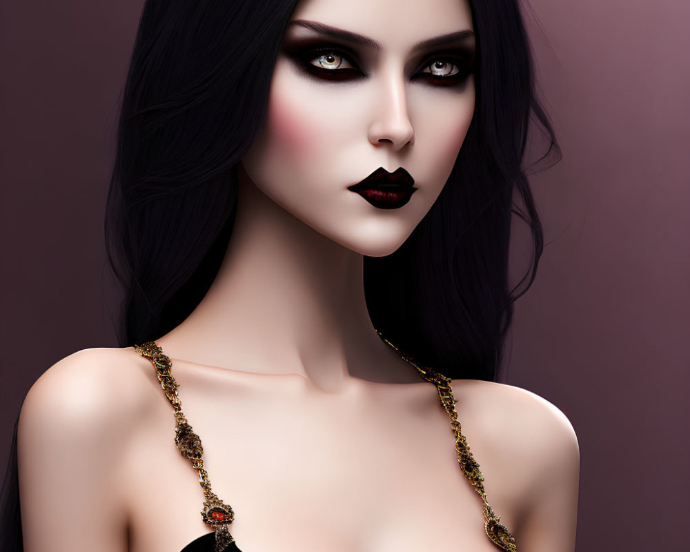 Pale-skinned woman with dark hair and smoky eyes in black outfit with gold chain - 3