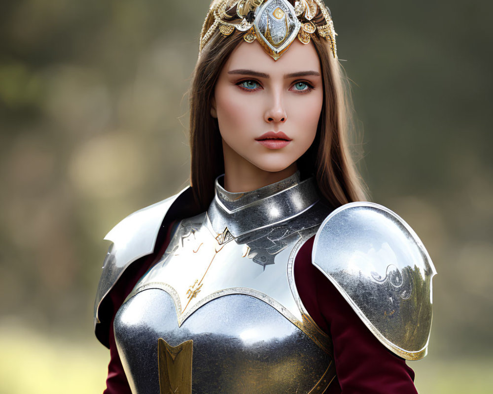 Medieval armor-clad woman in decorative helmet poses in forested setting