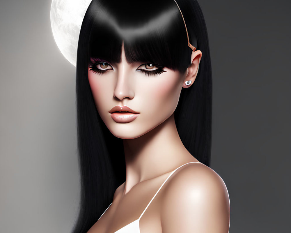 Mysterious woman with black hair and red eyes under crescent moon