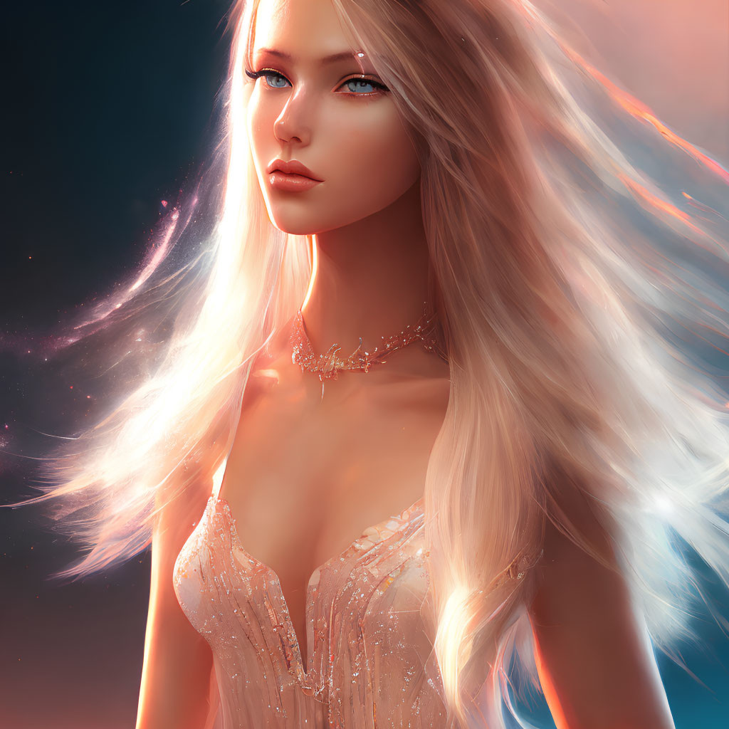 Ethereal woman illustration with flowing hair and sparkling necklace