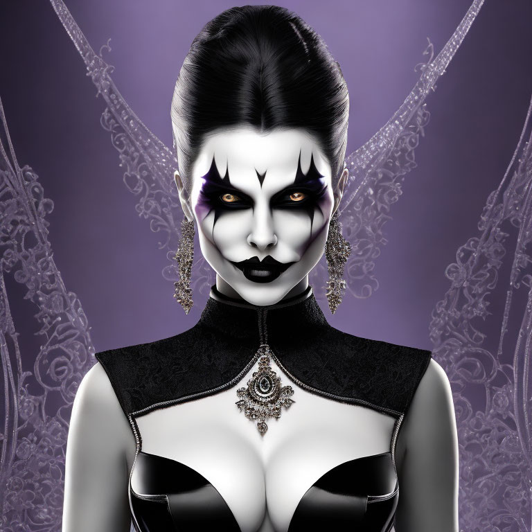 Gothic female character with white makeup, dark accents, black outfit on purple backdrop