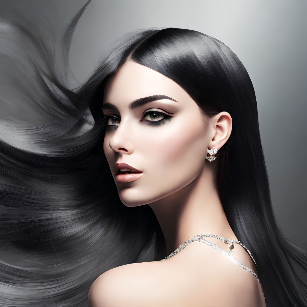Elegant woman with black hair and striking makeup on grey background