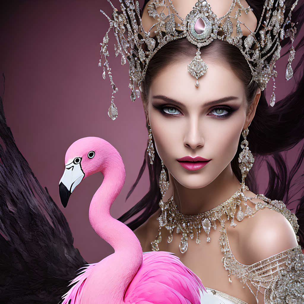 Elaborately adorned woman with crown beside pink flamingo on purple background
