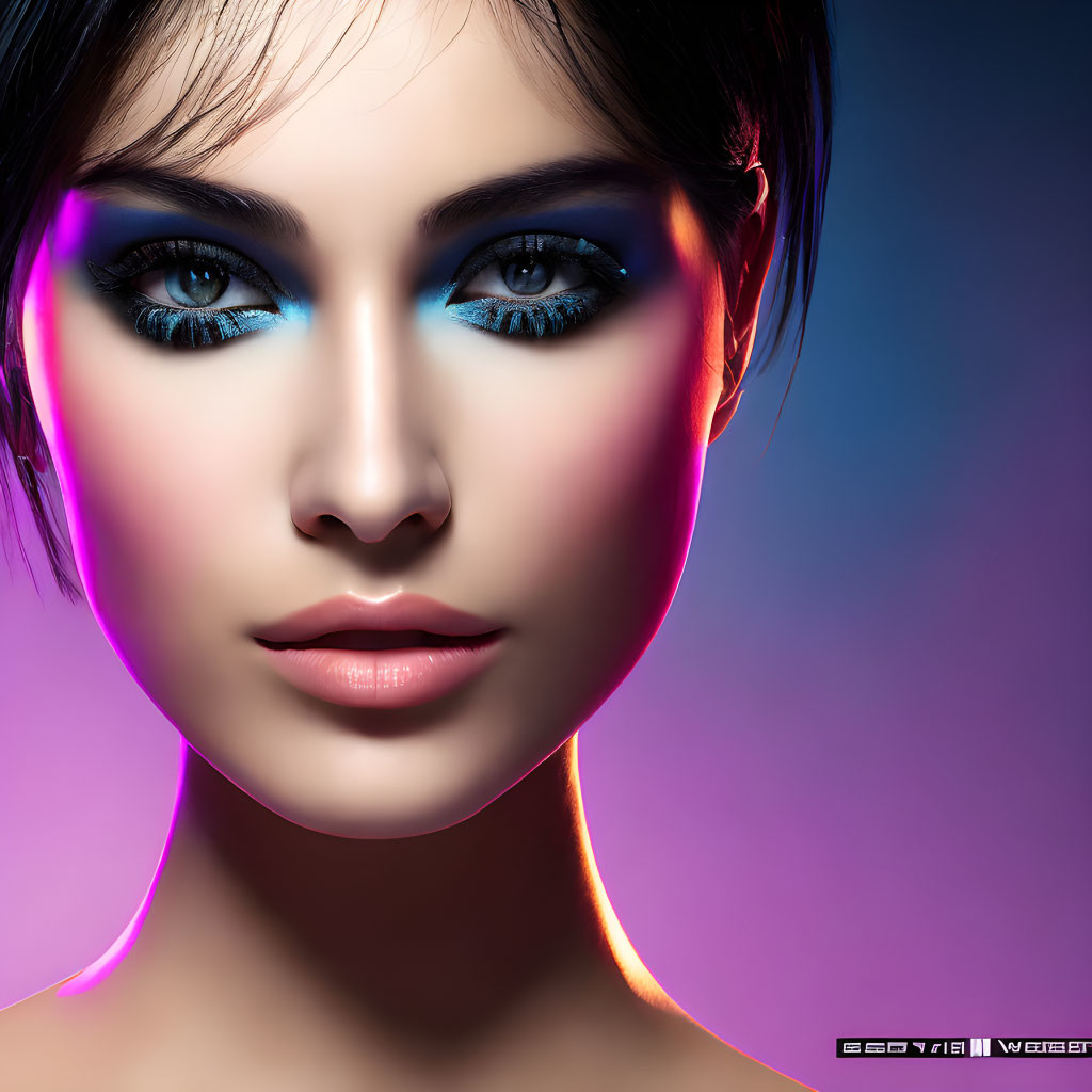Close-Up Portrait of Woman with Striking Blue Eye Makeup on Gradient Background