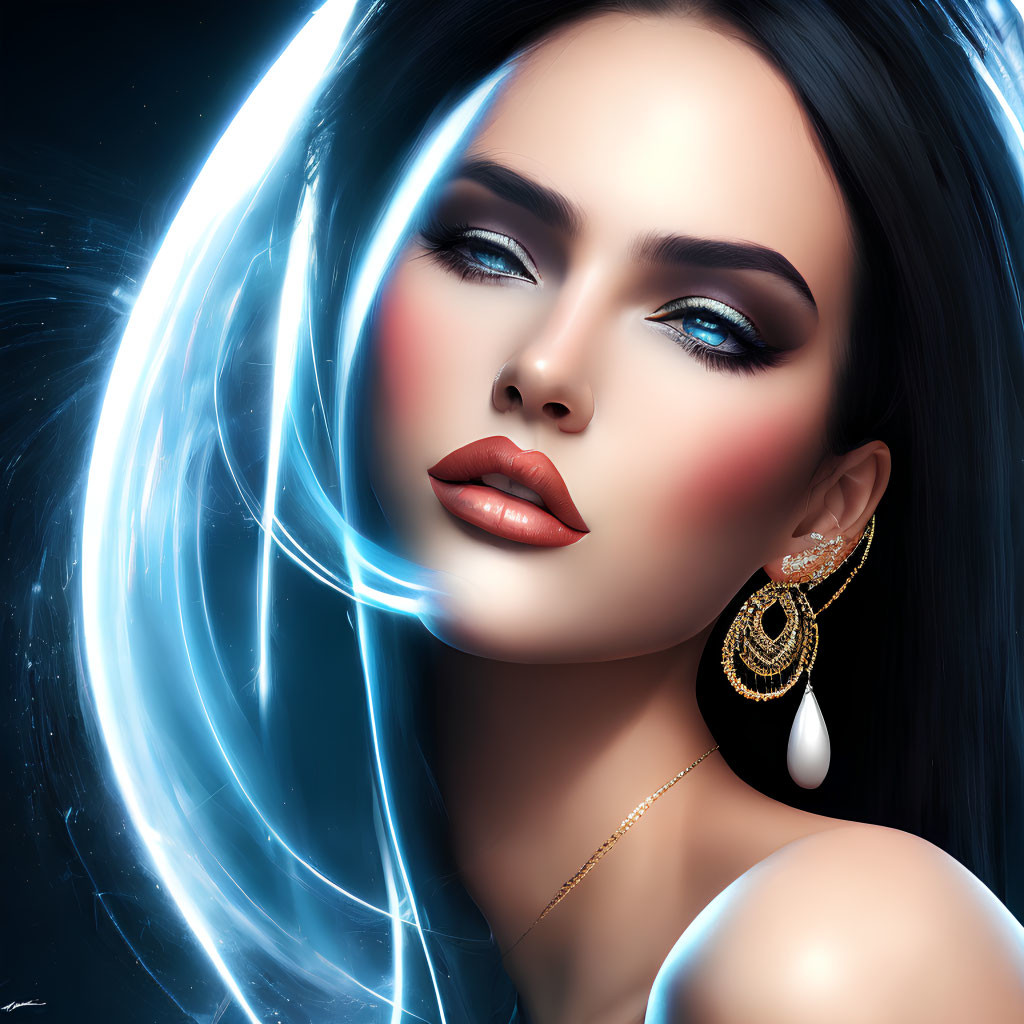 Digital portrait of woman with dark hair, smoky eye makeup, gold earrings, in blue glowing light