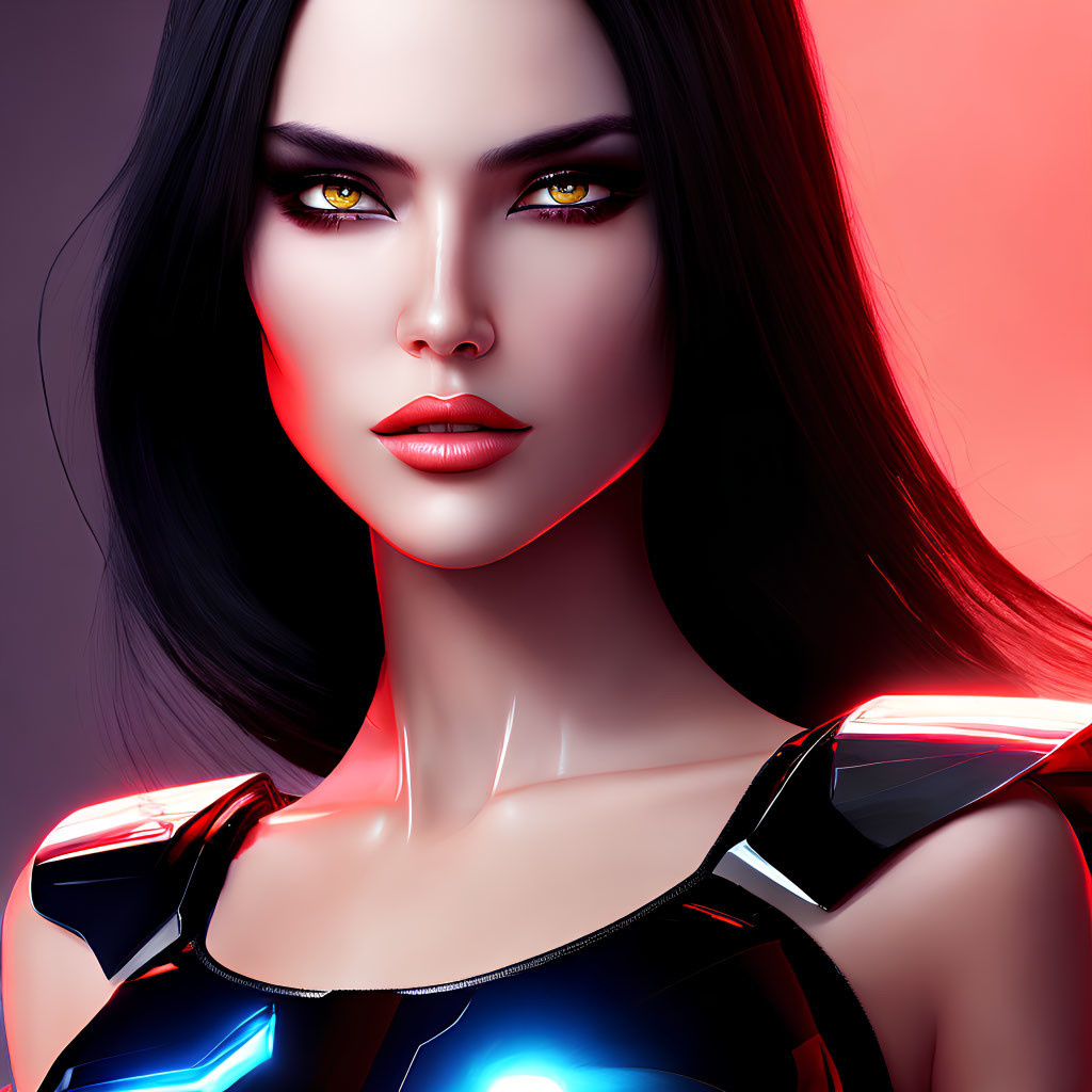 Digital portrait: Woman with red and blue lighting, futuristic black armor