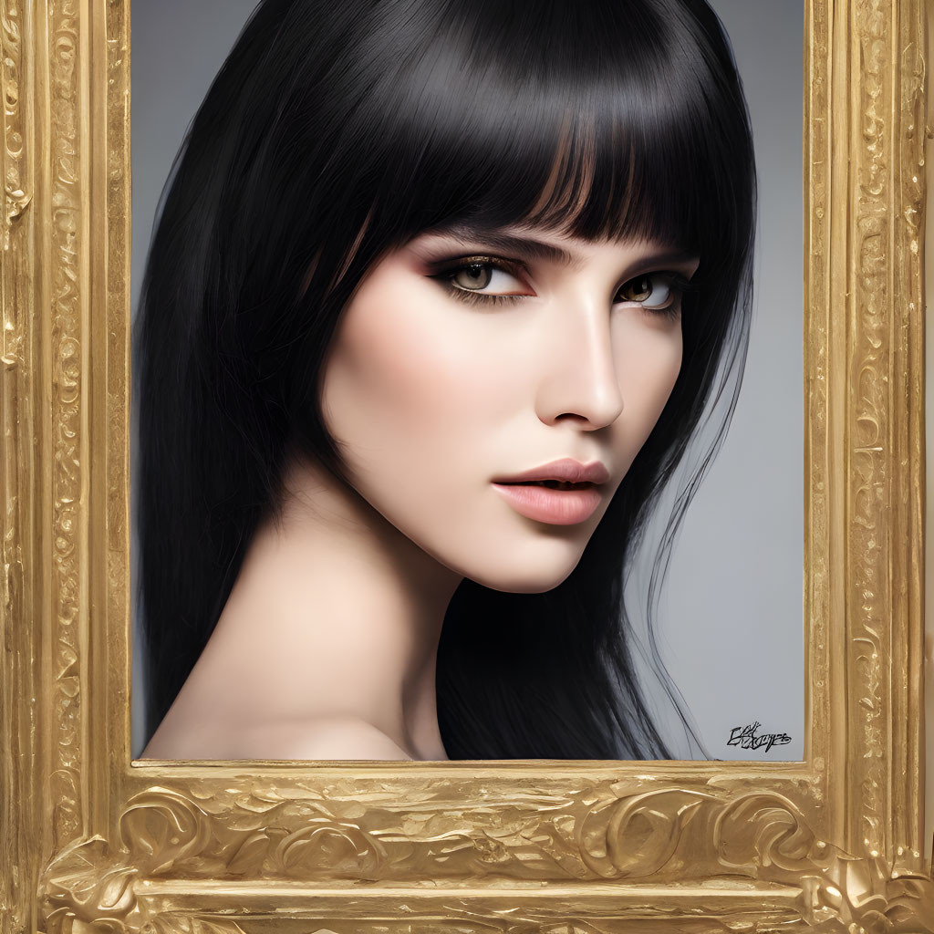 Portrait of Woman with Dark Hair and Striking Eyes in Ornate Golden Frame