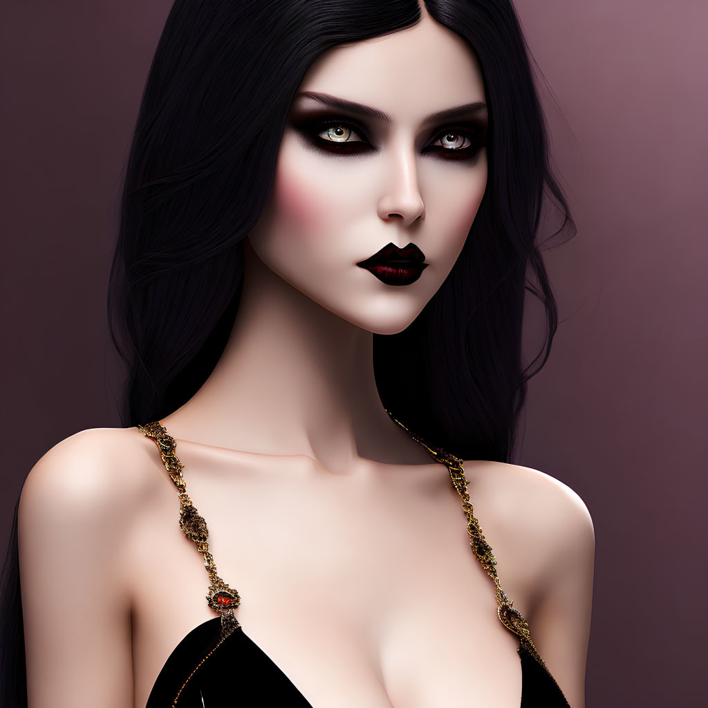 Pale-skinned woman with dark hair and smoky eyes in black outfit with gold chain - 3