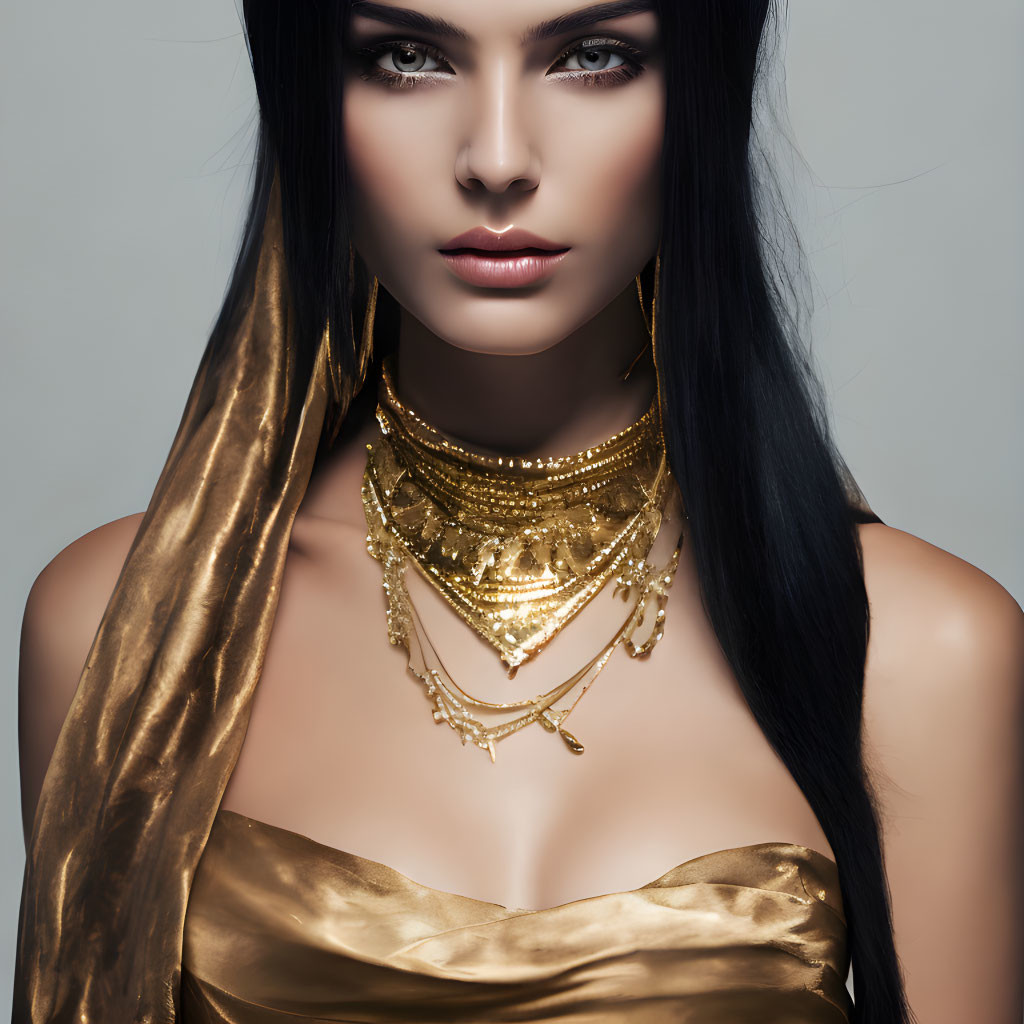 Woman with black hair, pale skin, and bold makeup in golden attire and layered necklaces